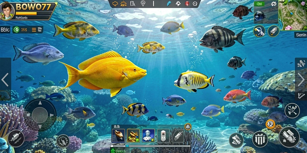 Tampilan gameplay BOWO77 yang menegangkan saat berburu ikan.