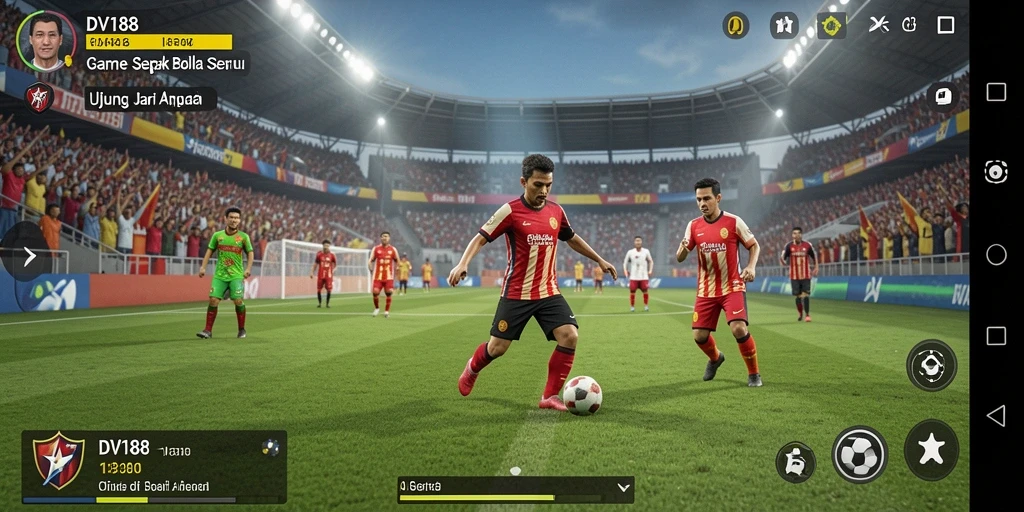 Screenshot dari gameplay sepak bola yang intens dan interaktif.