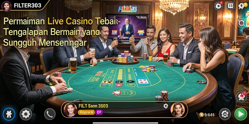 Screenshot gameplay FILTER303 menunjukkan suasana kasino Live Casino yang hidup.