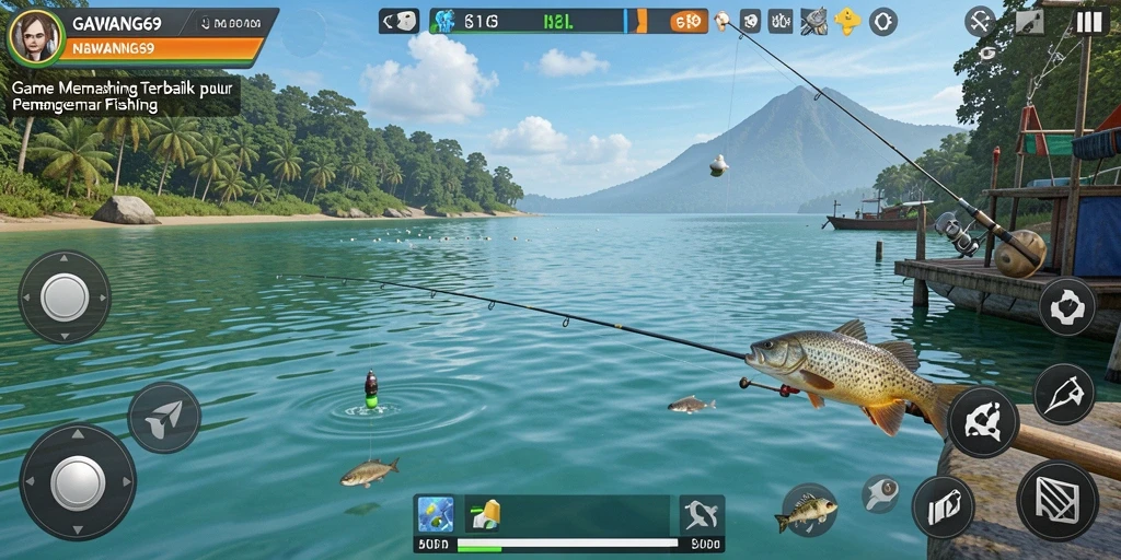 Gameplay GAWANG69 yang menampilkan momen-momen menegangkan saat memancing ikan.