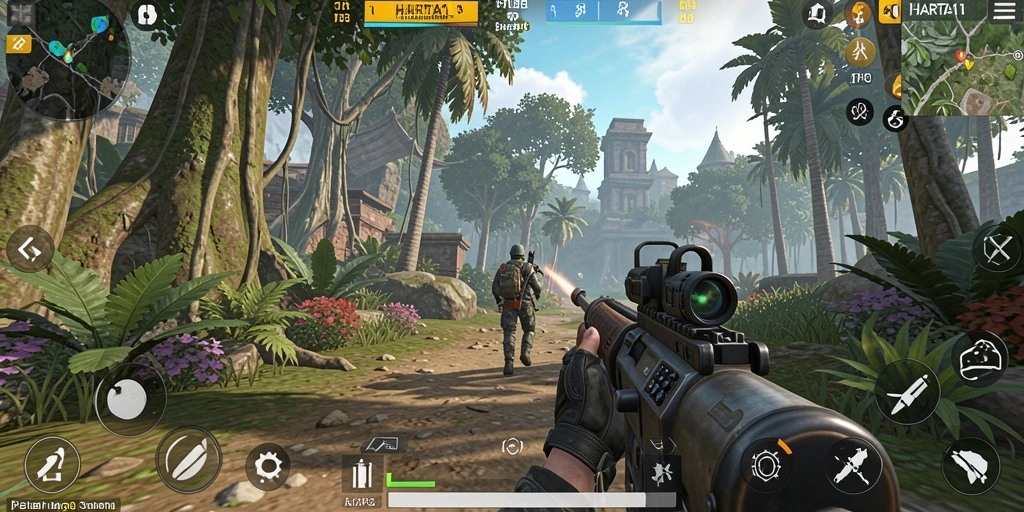 Screenshot HARTA11 menampilkan aksi pertempuran intens di dalam game TPS.