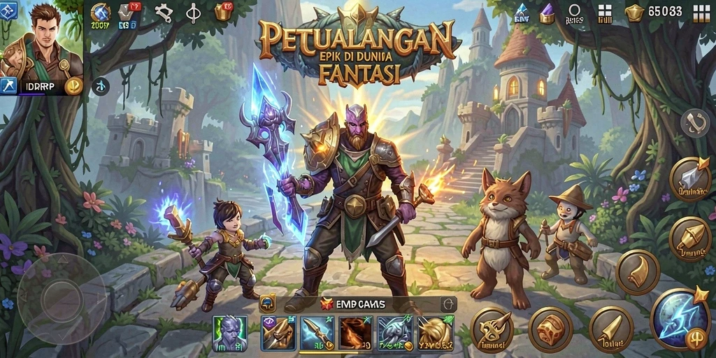 Screenshot gameplay menunjukkan karakter beraksi dalam pertempuran RPG.