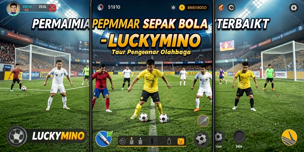 Screenshot gameplay LUCKYMINO menampilkan aksi mendebarkan di lapangan sepak bola.
