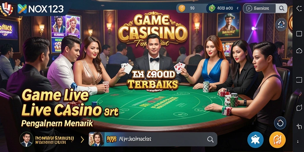 Screenshot utama NOX123 menampilkan dealer langsung dan permainan kasino yang mendebarkan.