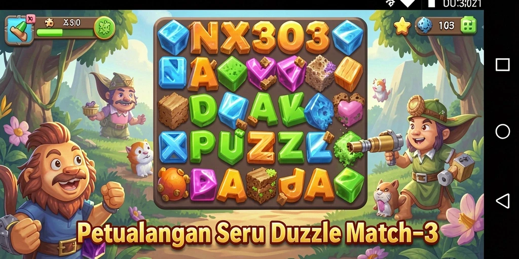 Screenshot NX303 menampilkan gameplay Match-3 yang seru dan penuh warna.