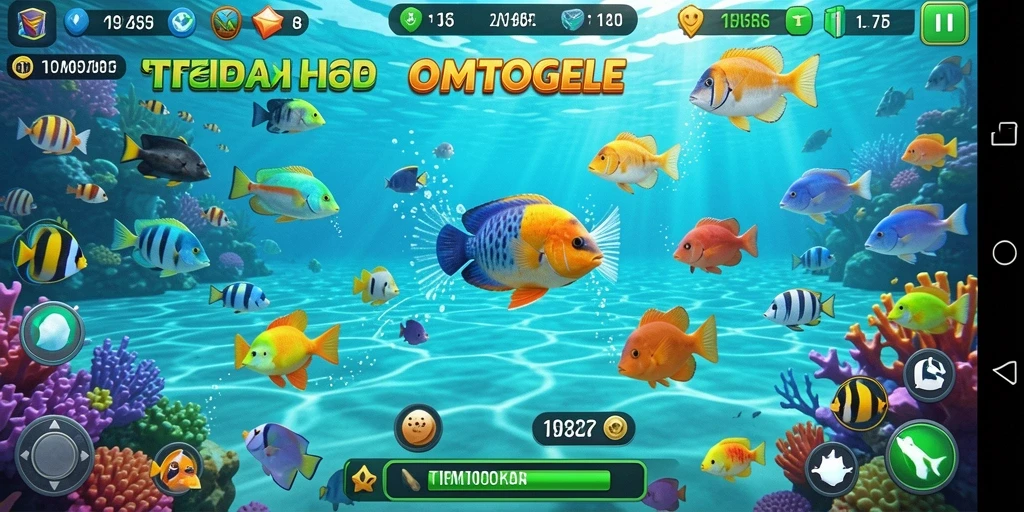 Tampilan gameplay OMTOGEL saat menembak ikan berwarna-warni.