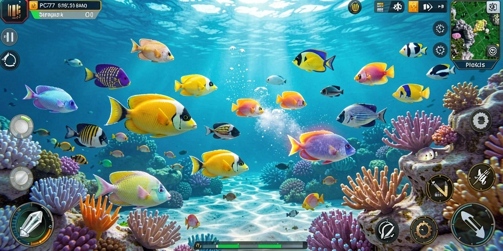 Screenshot dari gameplay PC777 yang menampilkan aksi menembak ikan.