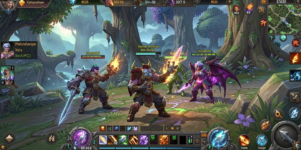 Tangkapan layar gameplay RR33 yang menampilkan pertempuran epik di dunia MMORPG.