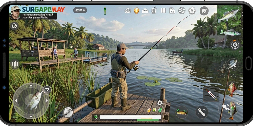 Gameplay SURGAPLAY yang menampilkan momen memancing seru dan menantang.