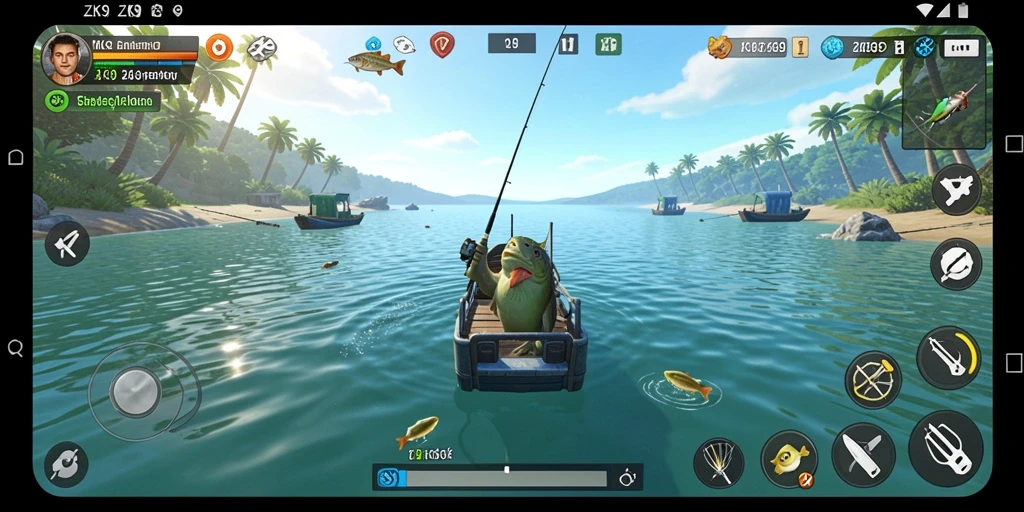 Screenshot ZK9 menunjukkan pemain yang sedang asyik memancing di lokasi yang indah.